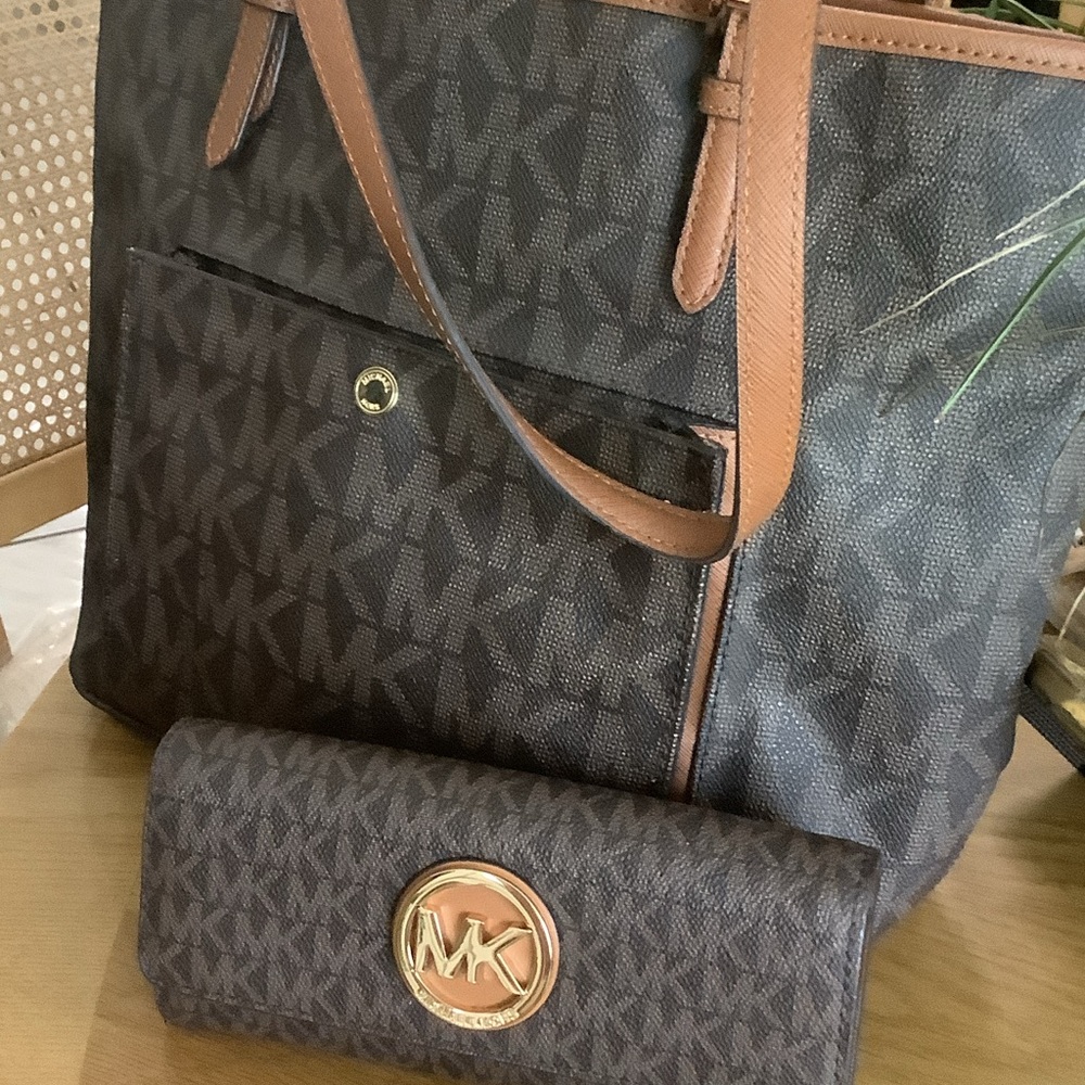 Michael Kors Brown Monogram Tote and Wallet Set